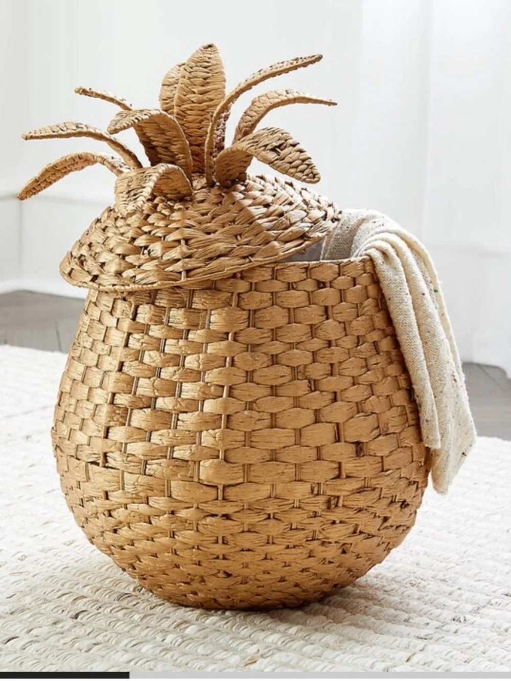 Crate & Barrel Wicker Pineapple Floor Basket Hamper
